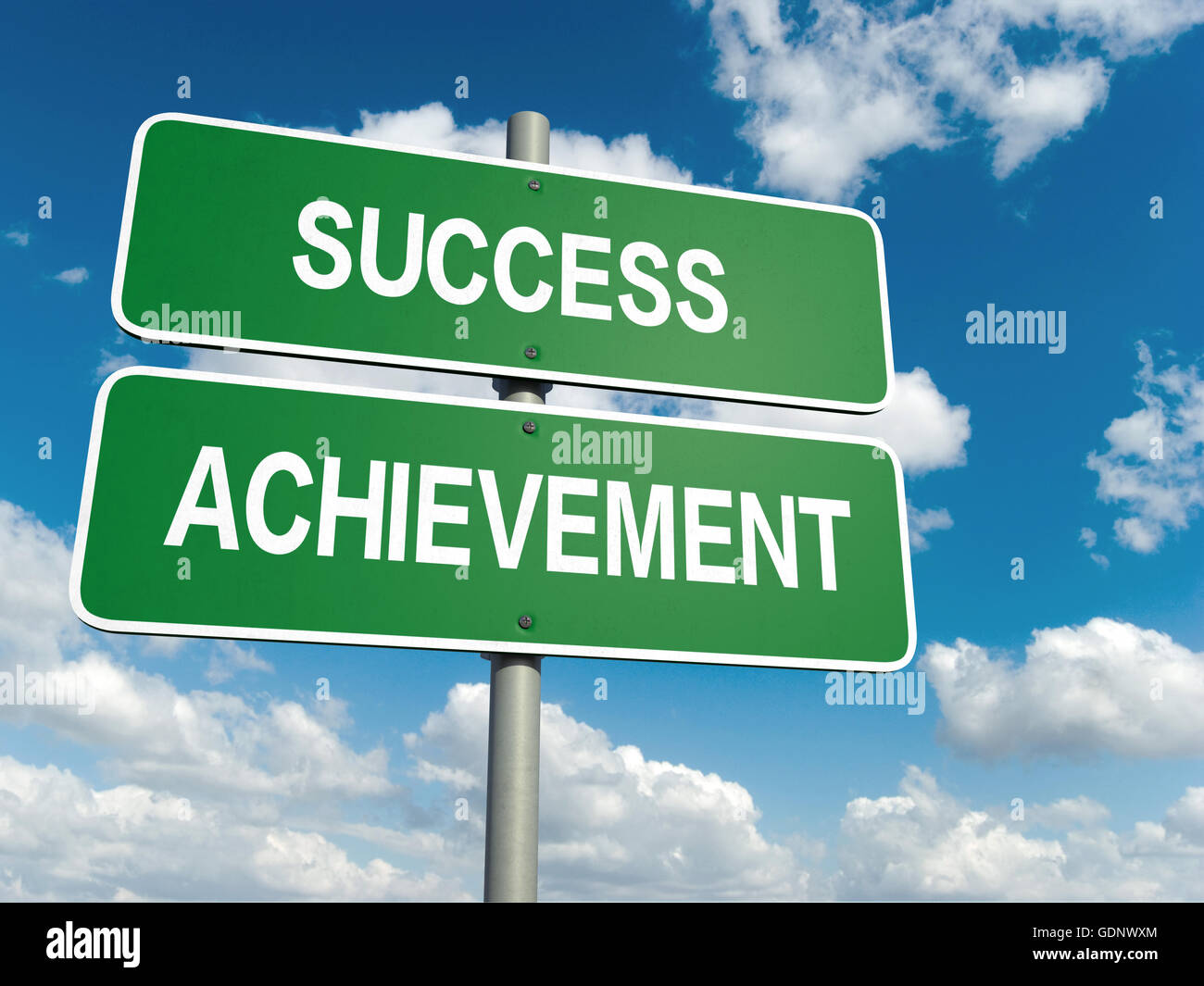 A road sign with achievement success words on sky background Stock Photo