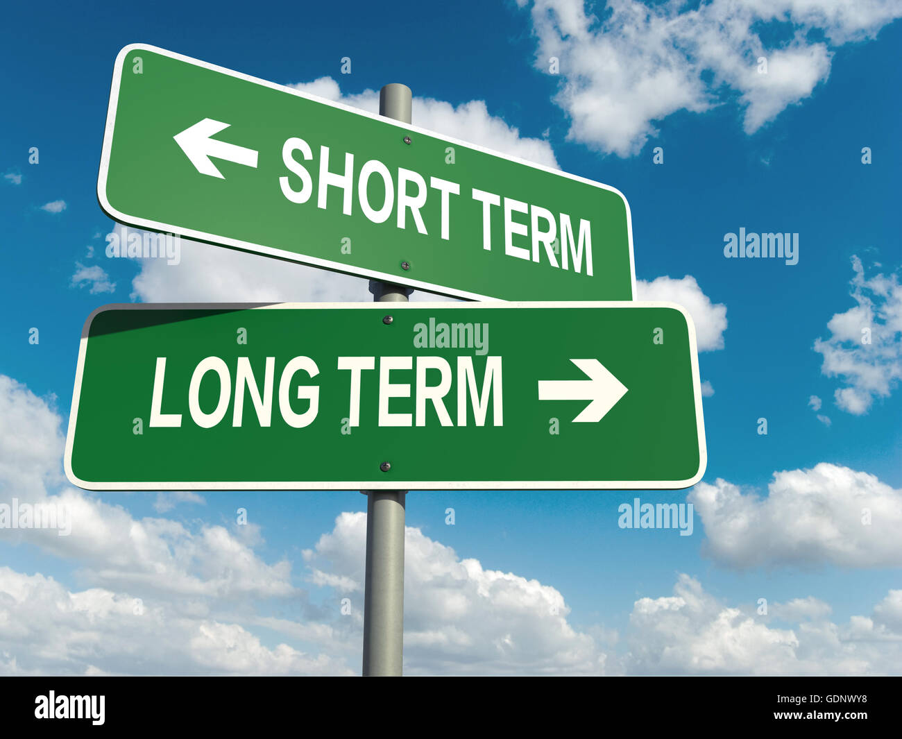 A road sign with short term long term words on sky background Stock ...
