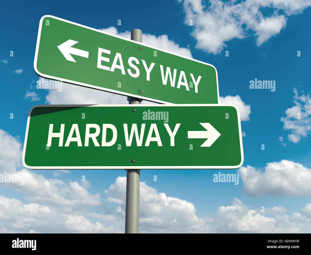 A road sign with easy way hard way words on sky background Stock Photo