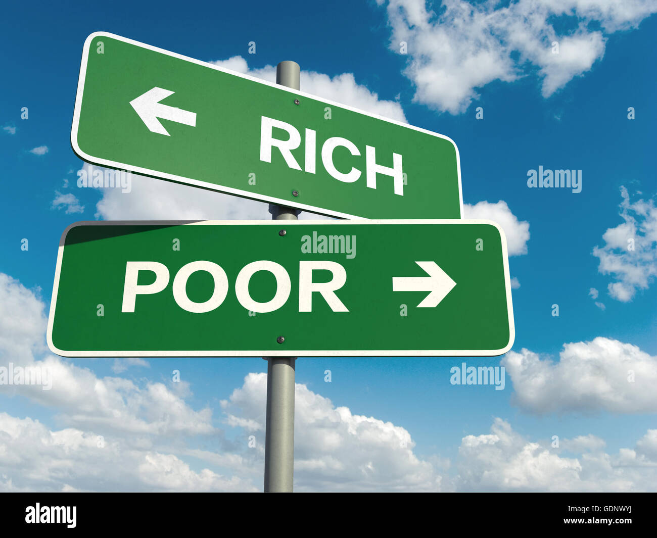 A road sign with rich poor words on sky background Stock Photo