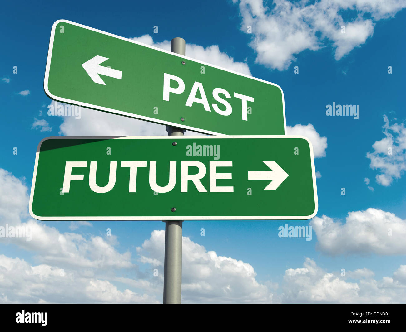 A road sign with past future words on sky background Stock Photo