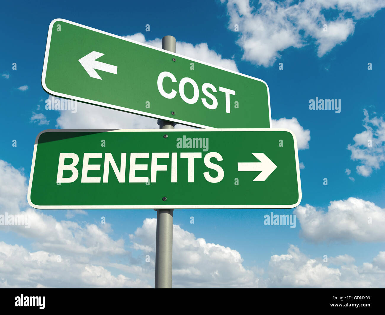 A road sign with cost benefits words on sky background Stock Photo Alamy