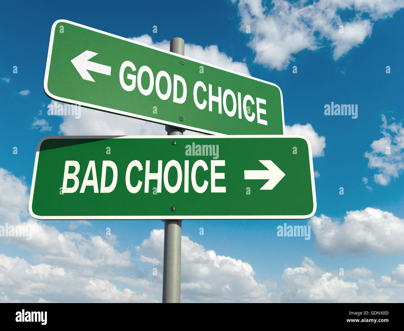 A road sign with good choice bad choice words on sky background Stock Photo