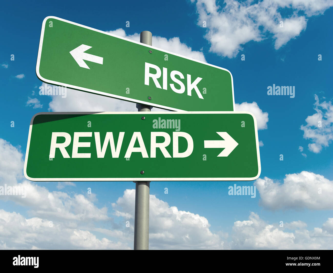 A road sign with risk reward words on sky background Stock Photo