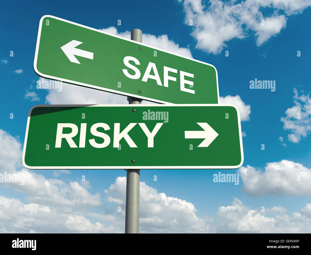 A road sign with safe risky words on sky background Stock Photo