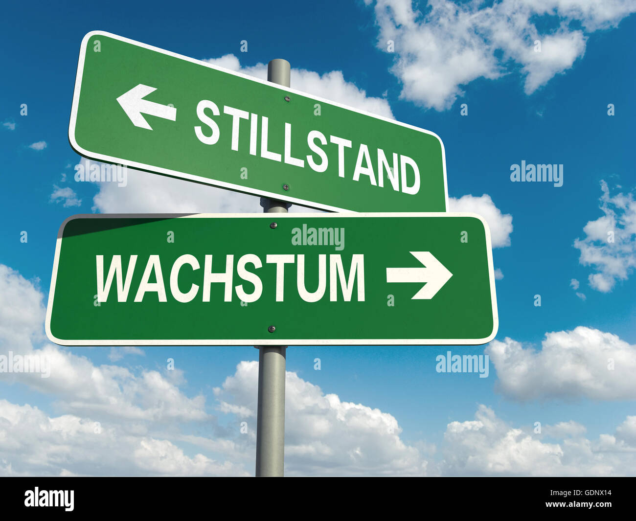 A road sign with stillstand wachstum words on sky background Stock Photo