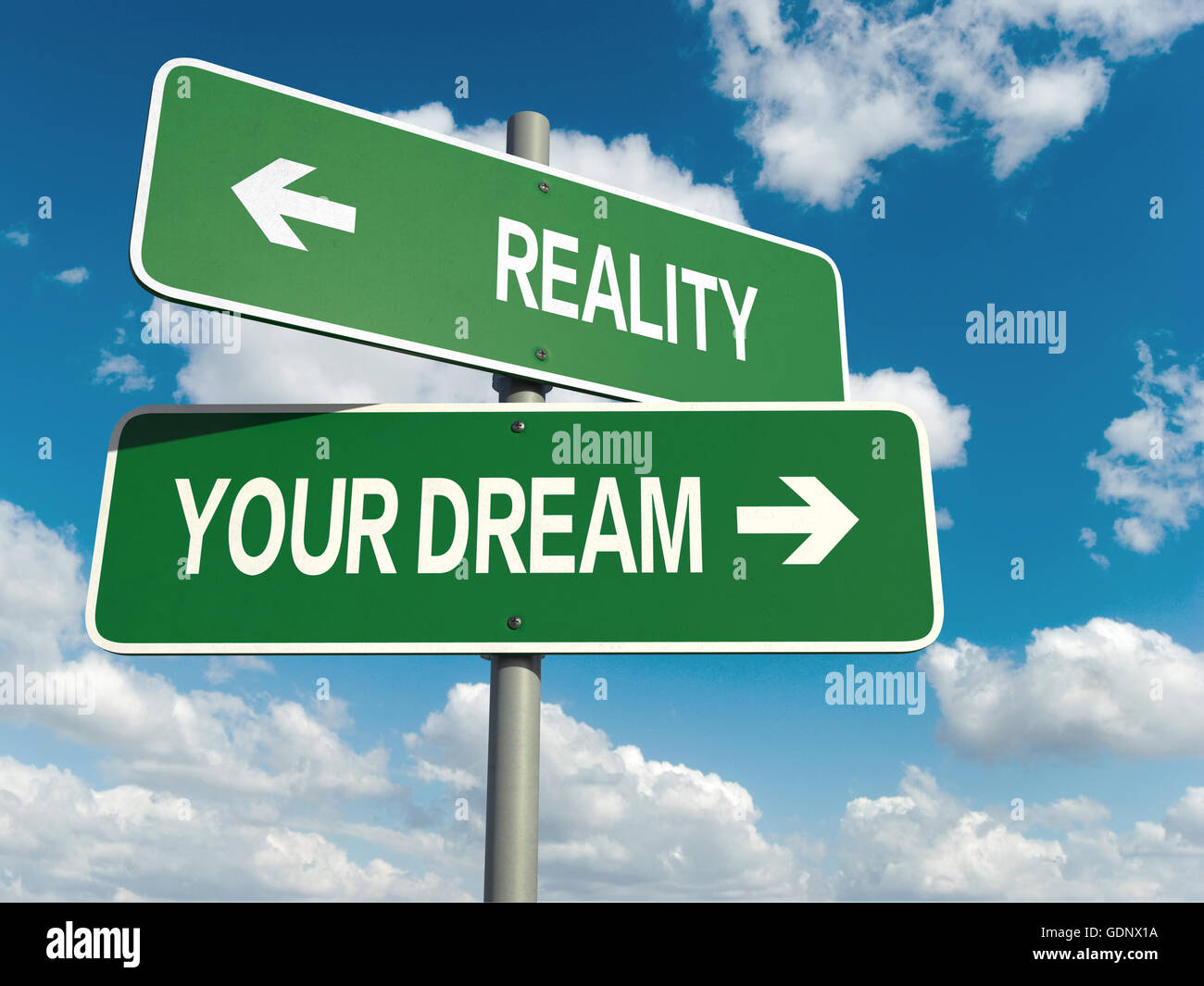 A road sign with reality dream words on sky background Stock Photo