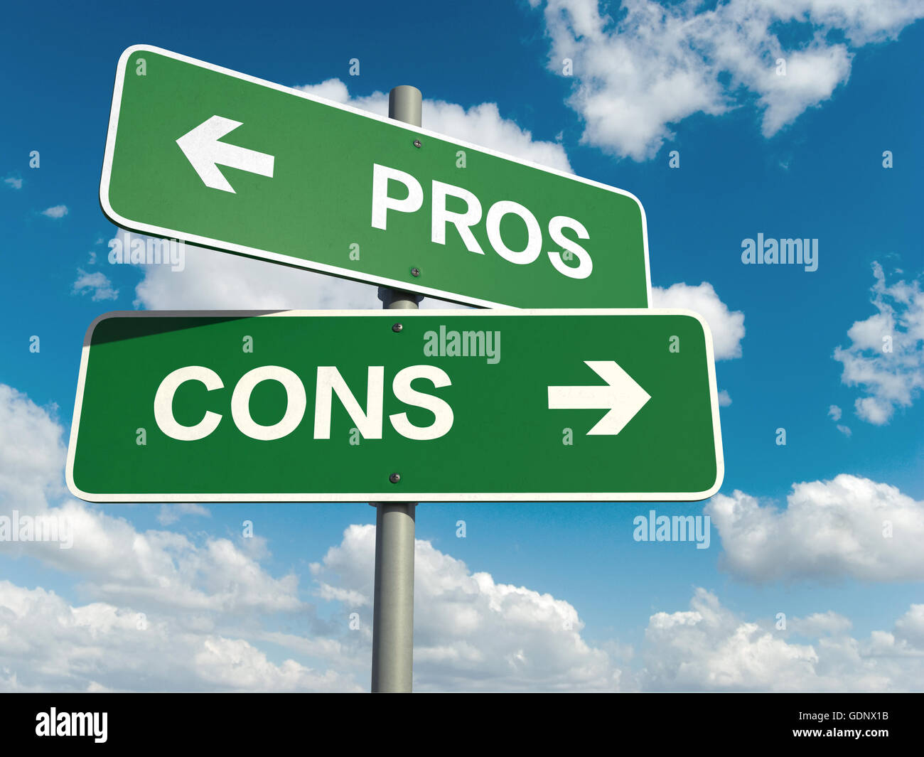 A road sign with pros cons words on sky background Stock Photo