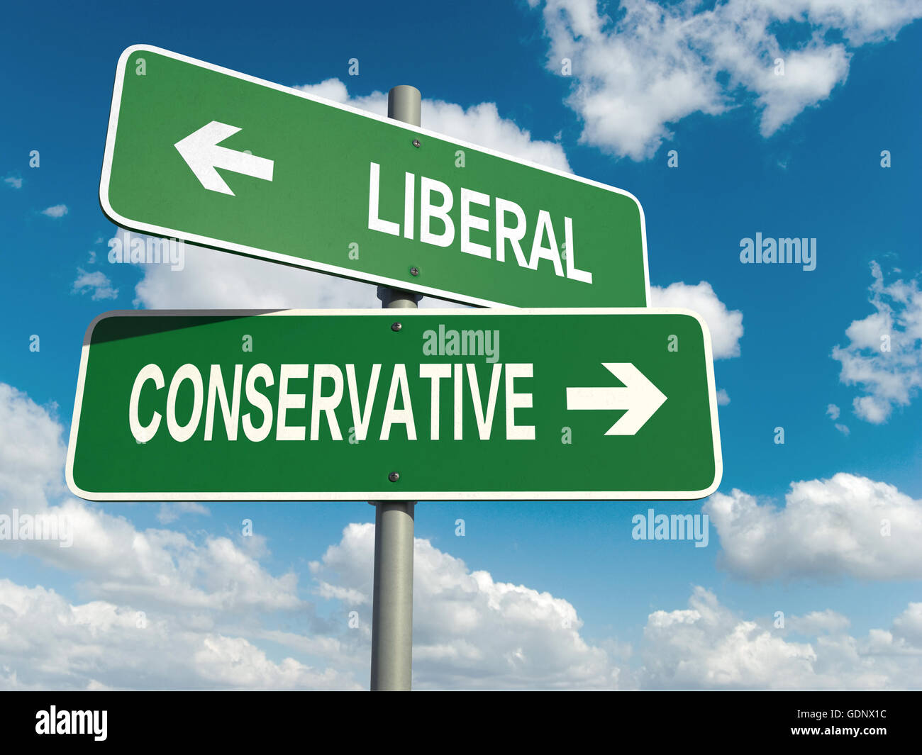 A road sign with liberal conservative words on sky background Stock Photo