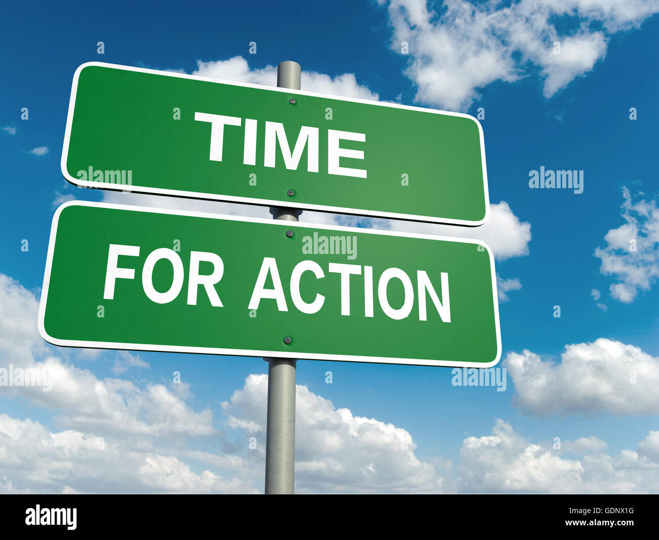 A road sign with time for action words on sky background Stock Photo
