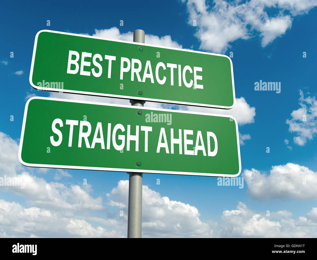 A road sign with best practice words on sky background Stock Photo