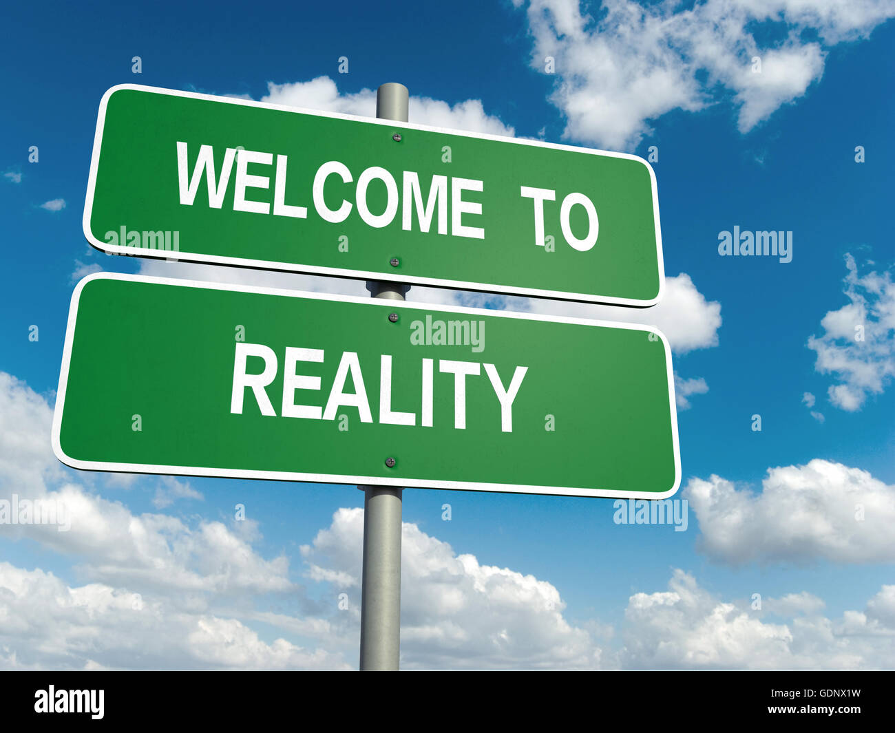 A road sign with welcome to reality words on sky background Stock Photo