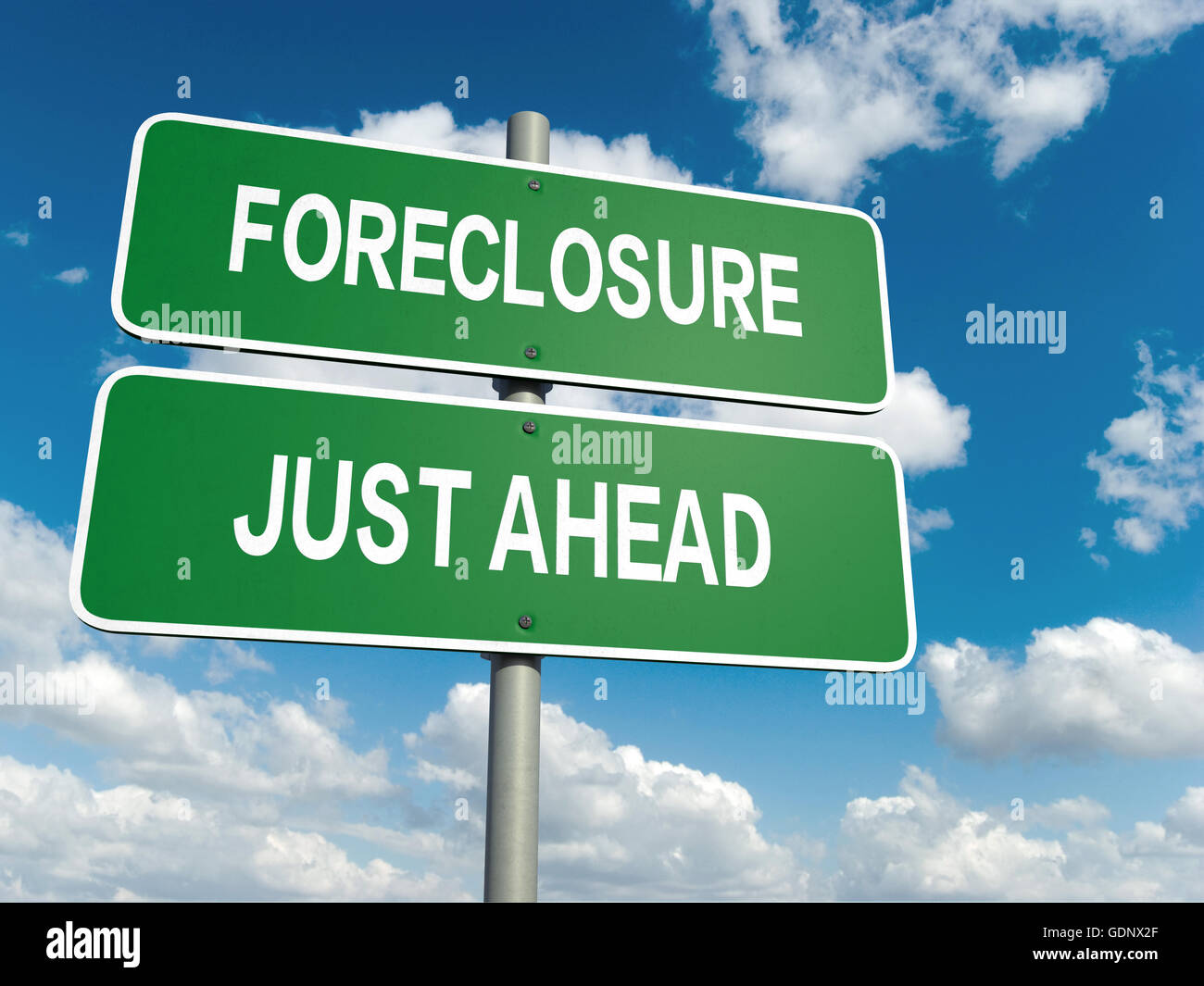 A road sign with foreclosure words on sky background Stock Photo