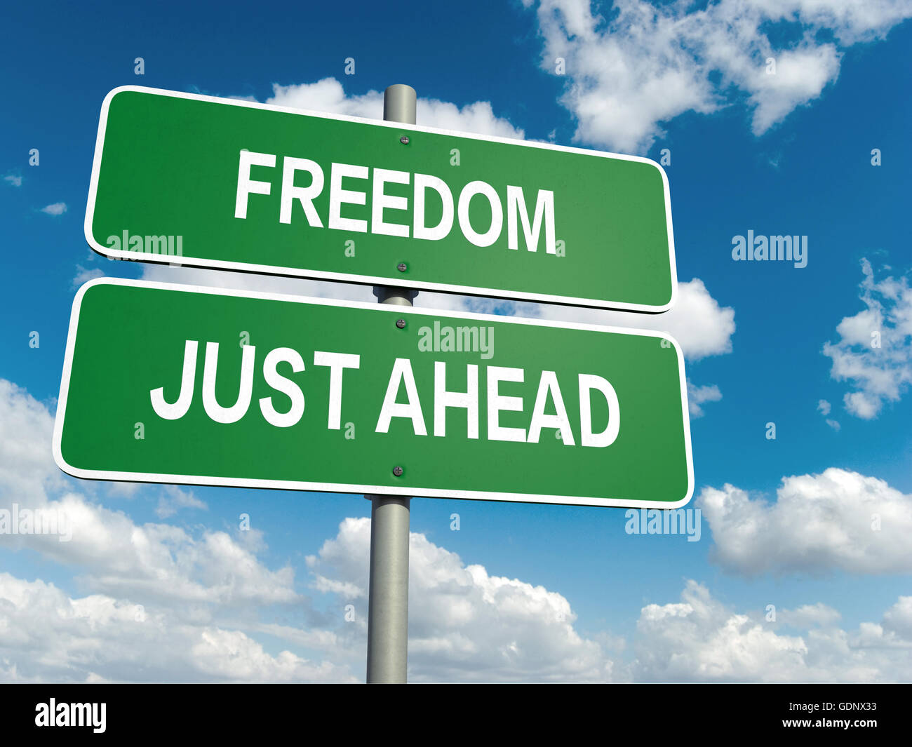 A road sign with freedom words on sky background Stock Photo