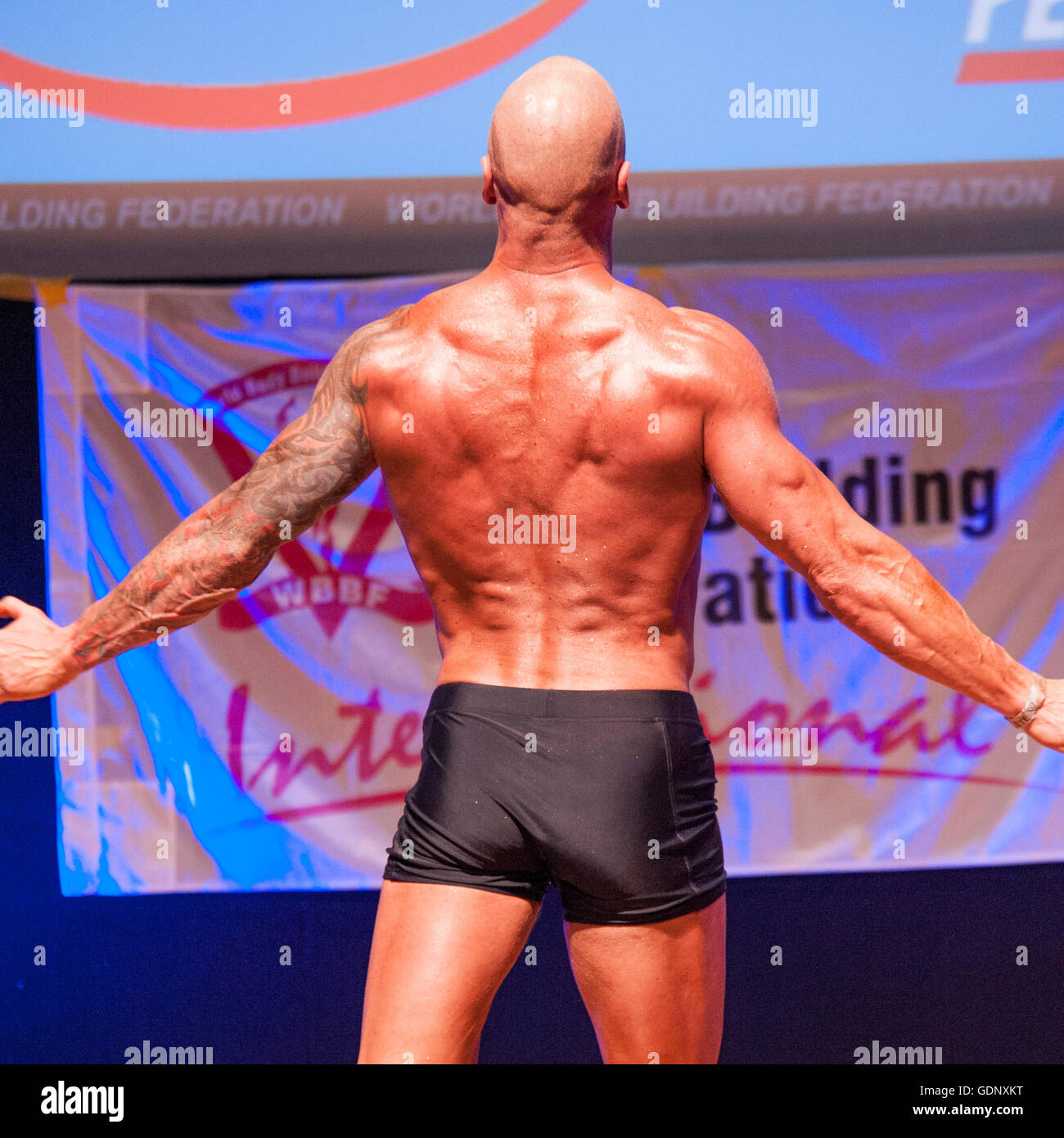 Male bodybuilder Erik Stobbe shows his best back pose Stock Photo