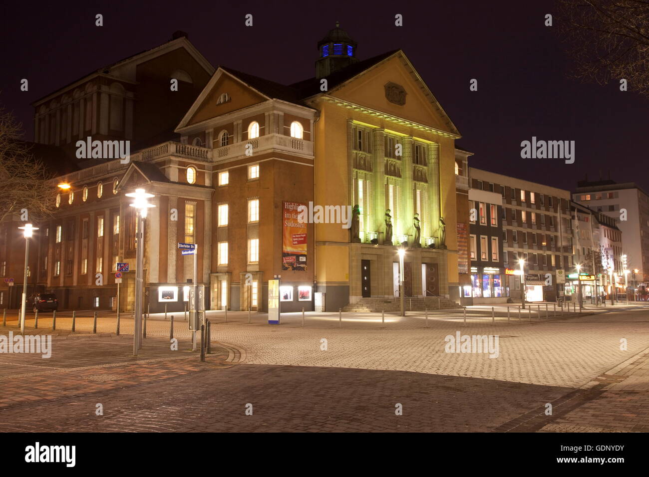 geography / travel, Germany, North Rhine-Westphalia, Hagen, theatre, night shot, , Additional-Rights-Clearance-Info-Not-Available Stock Photo
