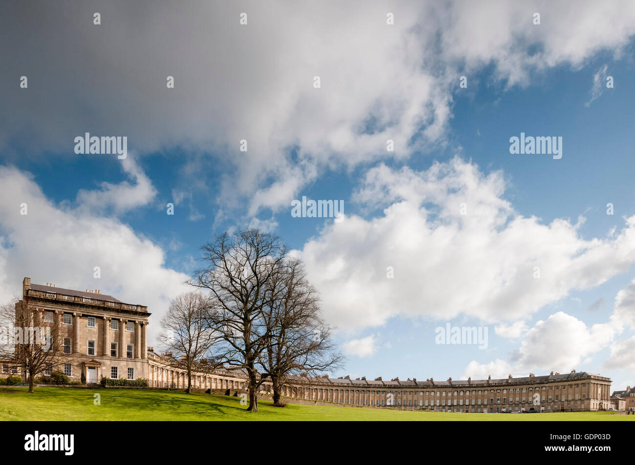 The Royal Crescent at Bath in Somerset. Avon under blue skies. Stock Photo
