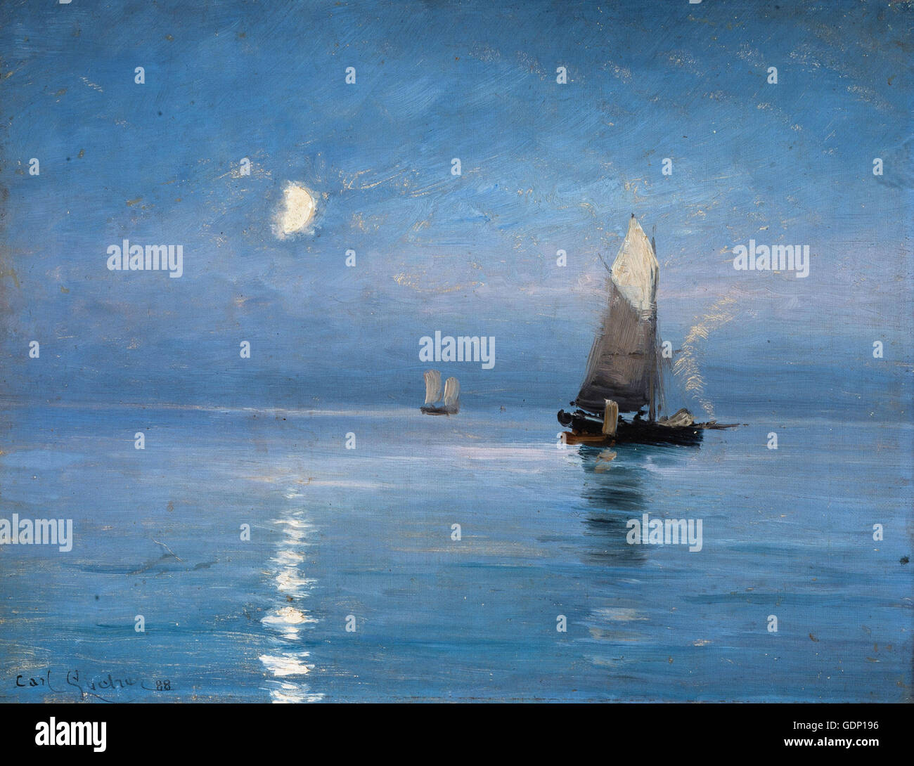Carl Locher - Fishing cutters in the moonlit night Stock Photo