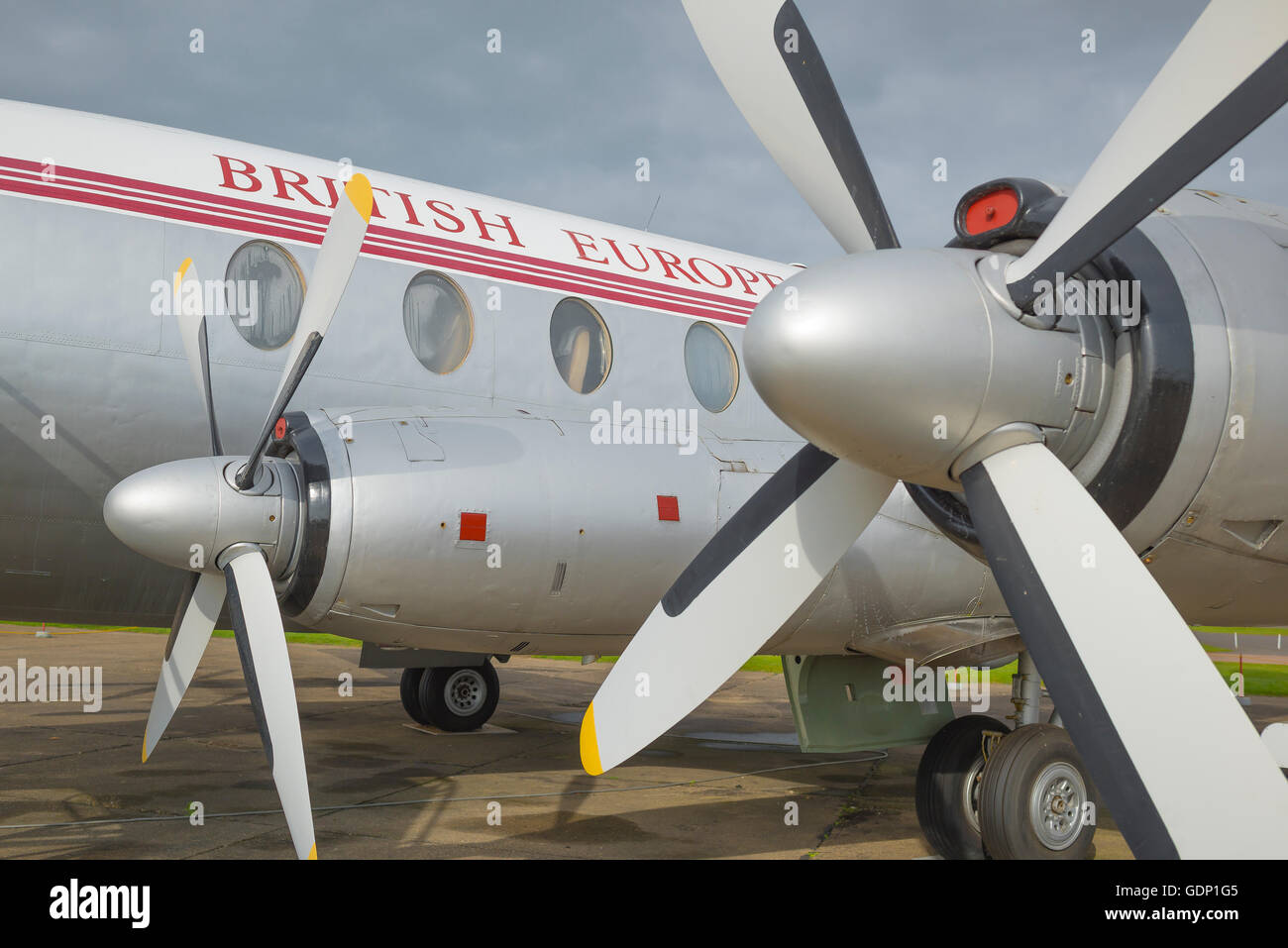 Vintage passenger plane, detail of the wing and fuselage of a 1950s Vickers Viscount passenger aircraft, Duxford Aircraft Museum, Cambridgeshire, UK Stock Photo