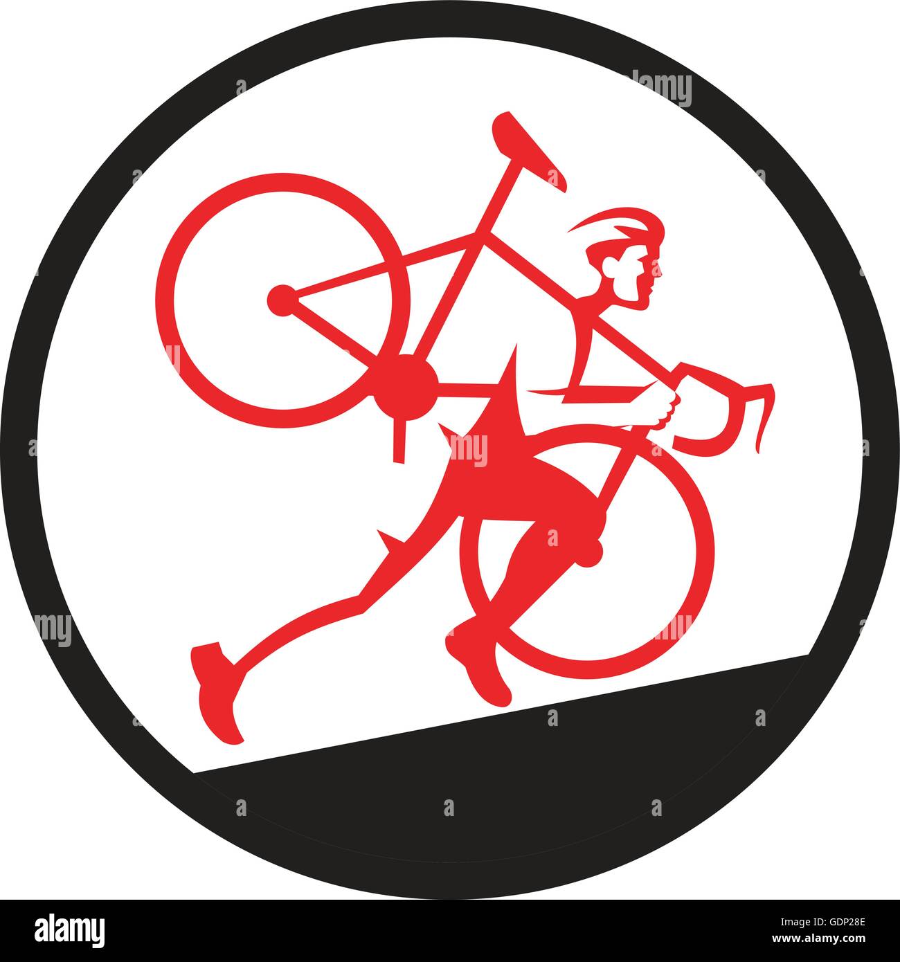 Illustration of a cyclocross athlete carrying bicycle on shoulder running uphill viewed from the side set inside circle on isolated background done in retro style. Stock Vector