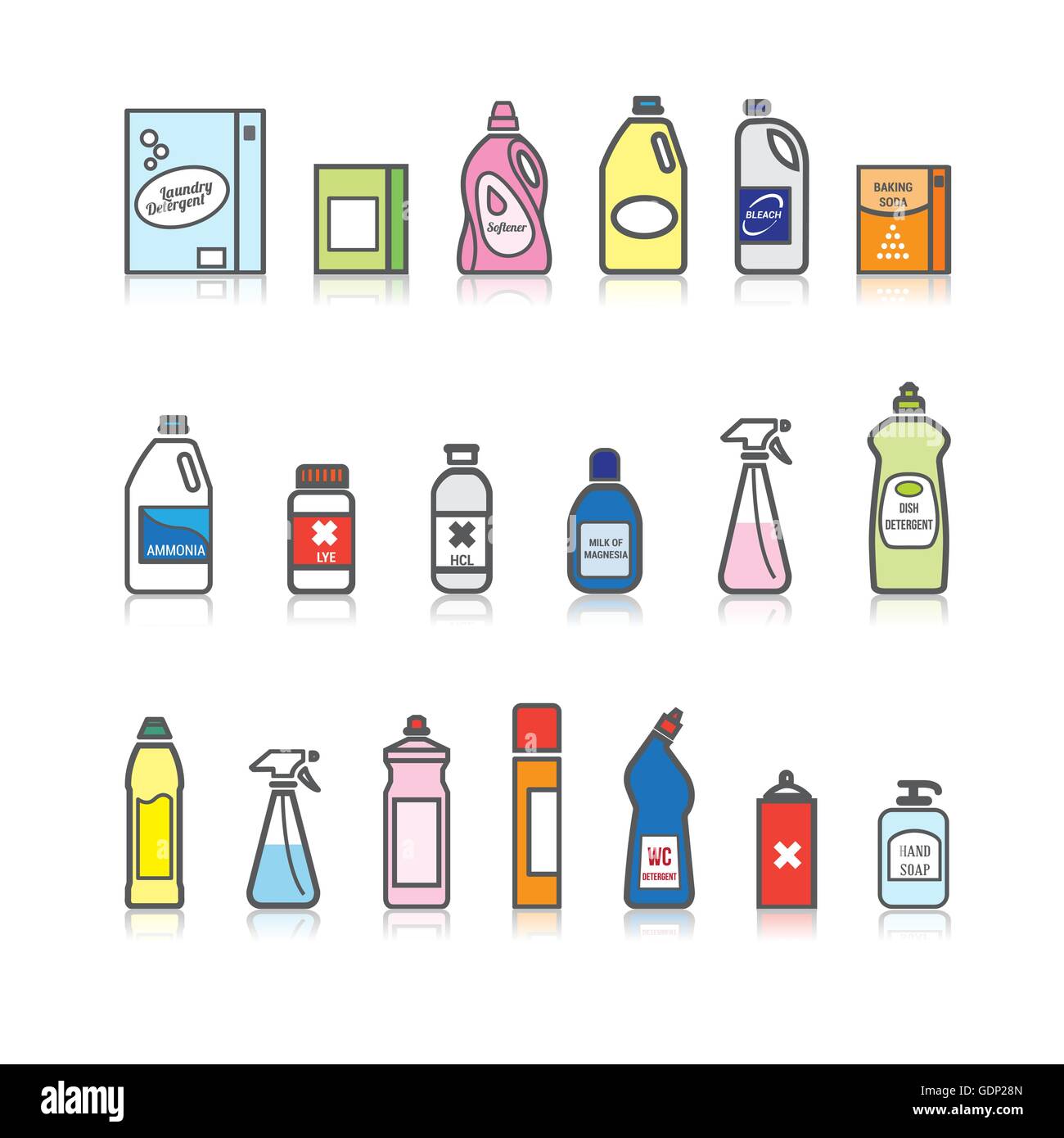 Detergents set for cleaning, loundry and house hygiene Stock Vector
