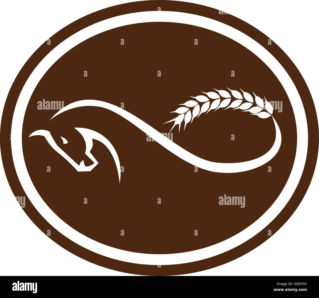 Illustration of a horse with malt wheat tail foring a mobius strip viewed from side set inside oval shape on isolated background done in retro style. Stock Vector