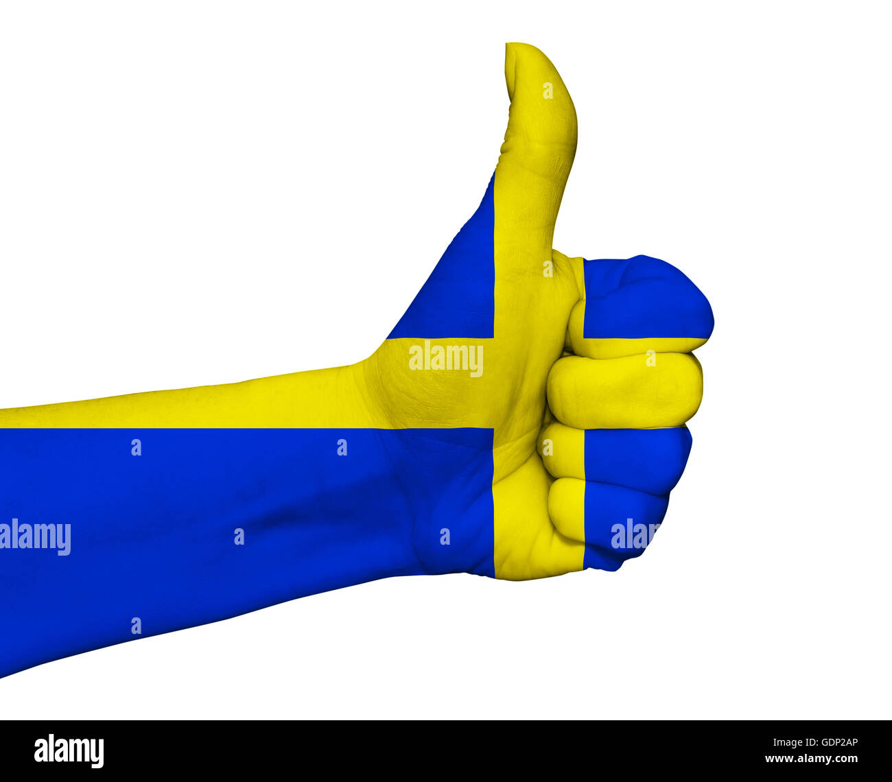Hand with thumb up painted in colors of Sweden flag isolated Stock Photo