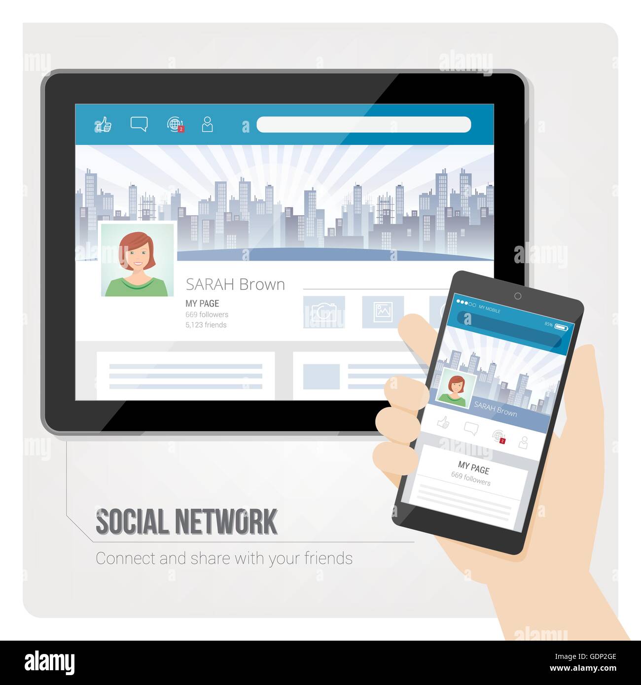 Social networks and user profiles on tablet and smartphone Stock Vector
