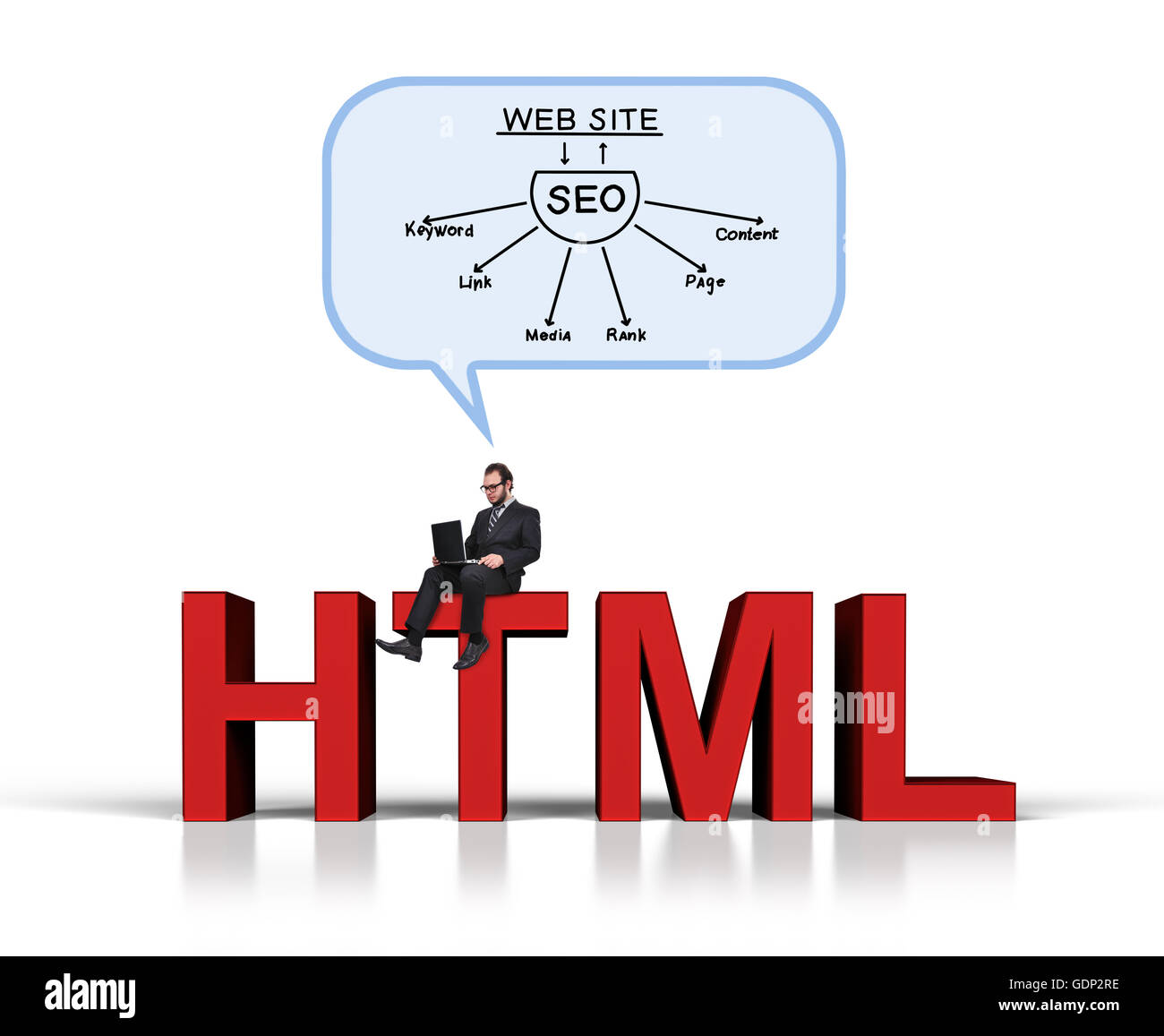 businessman sitting on HTML text and thinking about seo concept Stock Photo