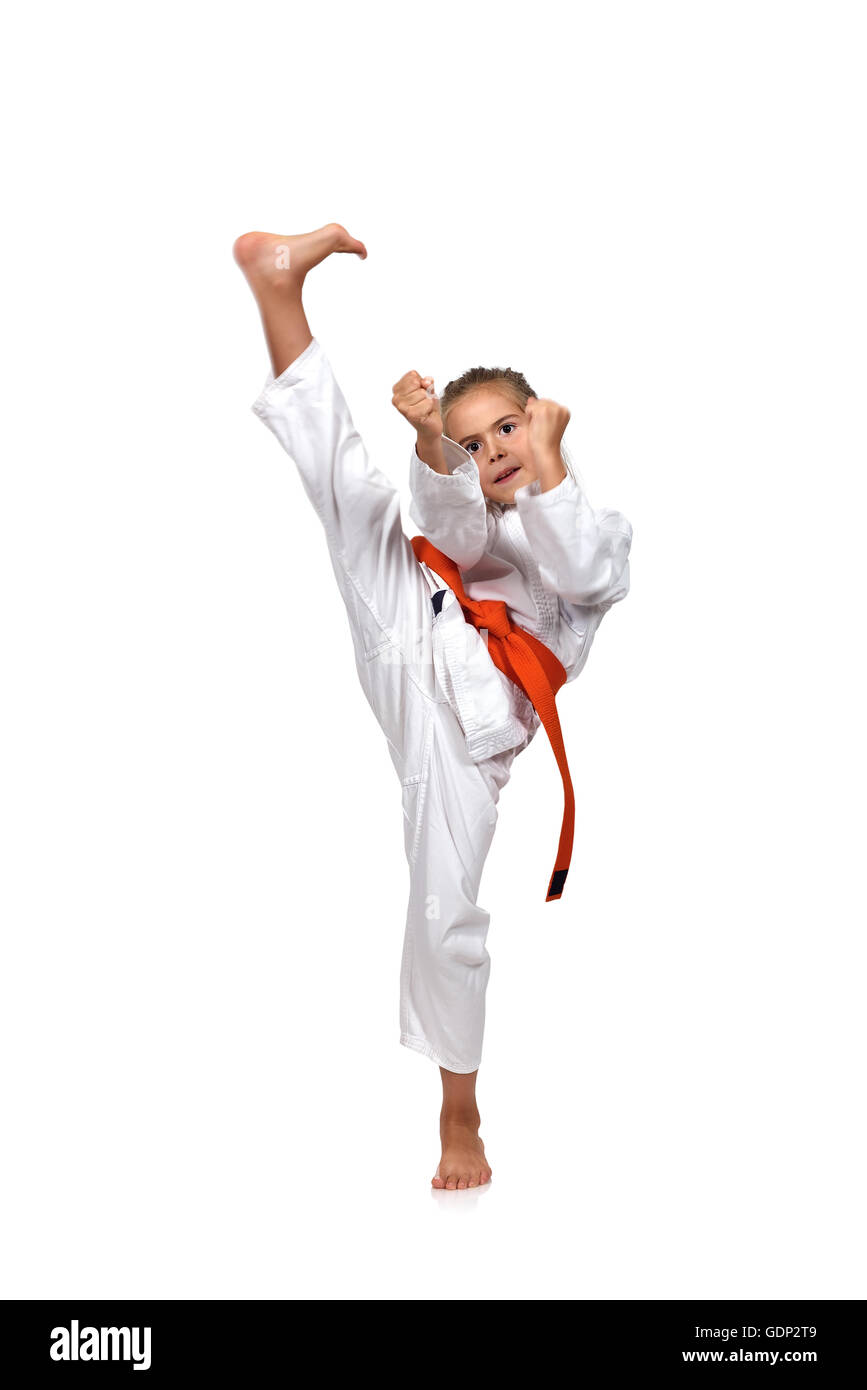 Little girl practice karate on a white background Stock Photo Alamy