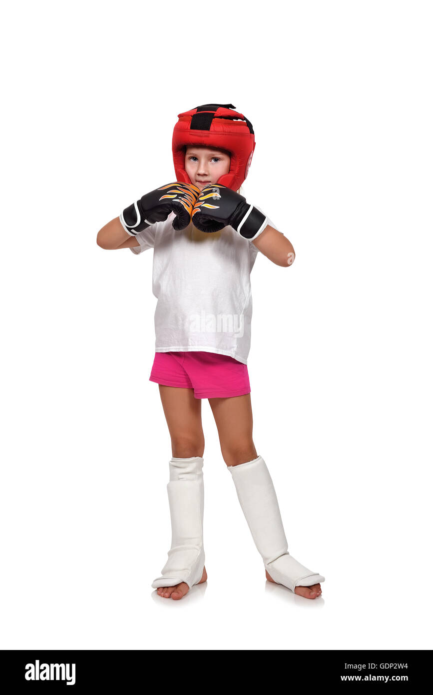 girl kid fighting with thai boxing gloves Stock Photo