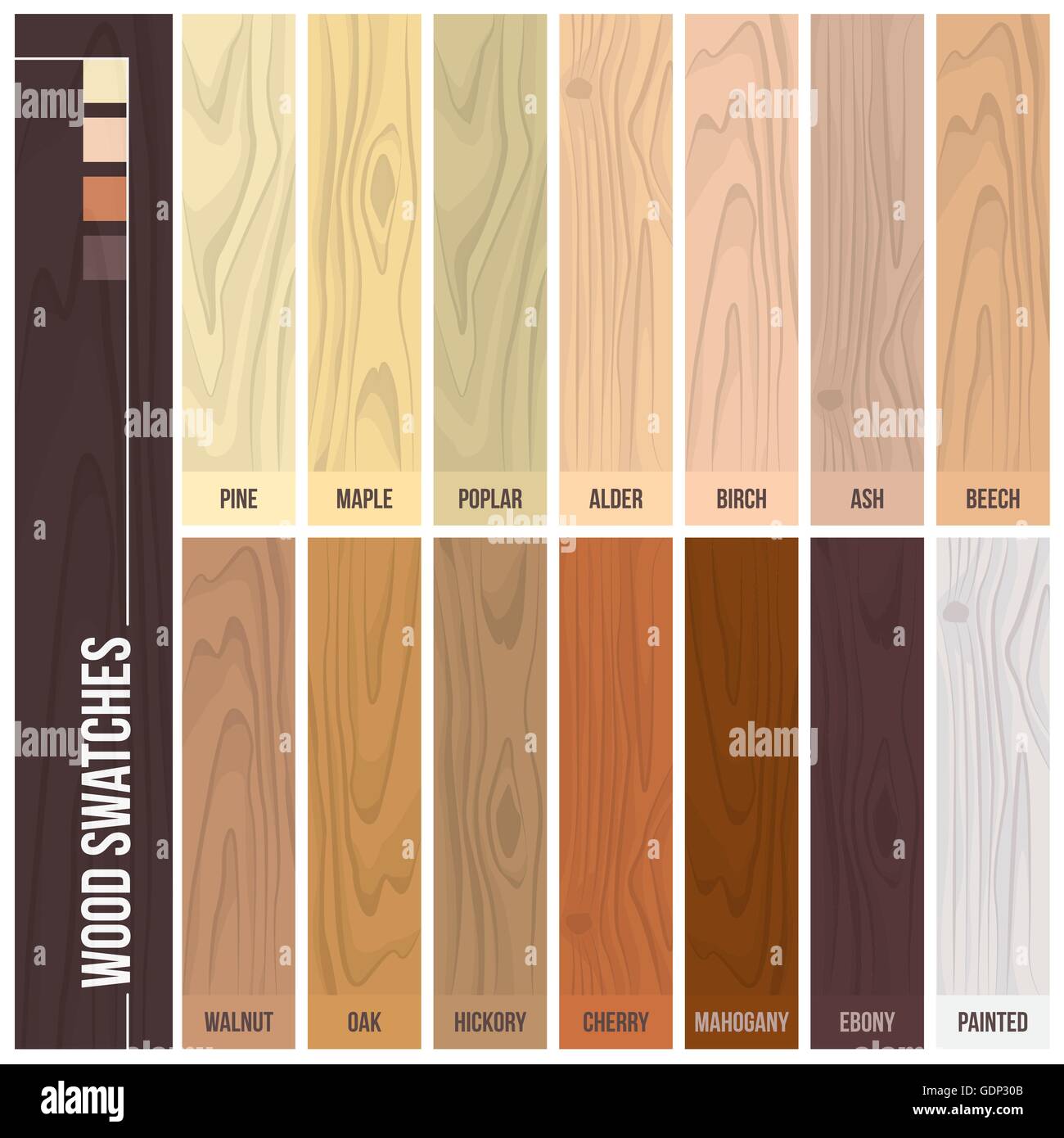 Wood swatches color set with different plants and hues Stock Vector