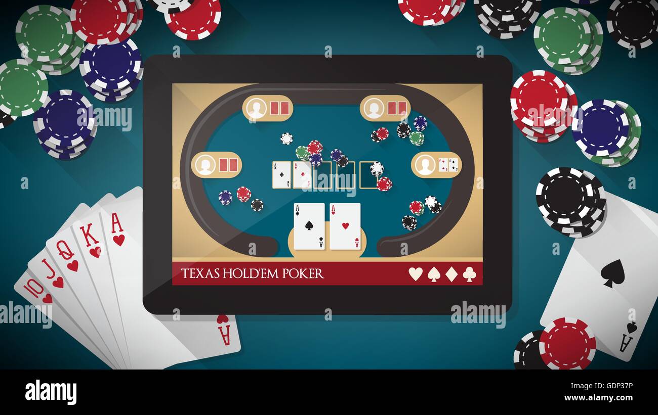 Hold'em poker app with users playing online on tablet, chips and cards all  around Stock Vector Image & Art - Alamy