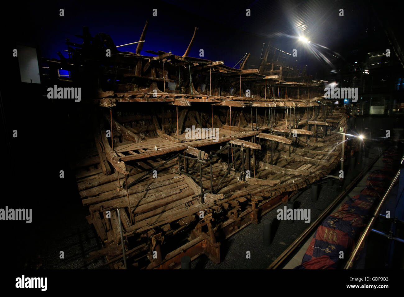 The remains of Henry VIII's favourite ship the Mary rose are unveiled during a press preview exactly 471 years since its sinking and following 34 years of conservation at the Portsmouth Historic Dockyard, HM Naval Base, Portsmouth. Stock Photo