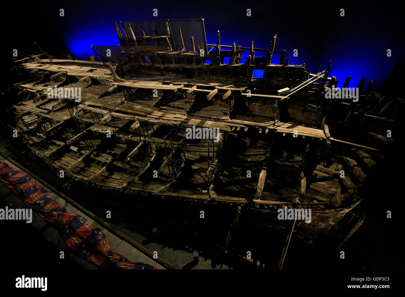 The remains of Henry VIII's favourite ship the Mary rose are unveiled during a press preview exactly 471 years since its sinking and following 34 years of conservation at the Portsmouth Historic Dockyard, HM Naval Base, Portsmouth. Stock Photo
