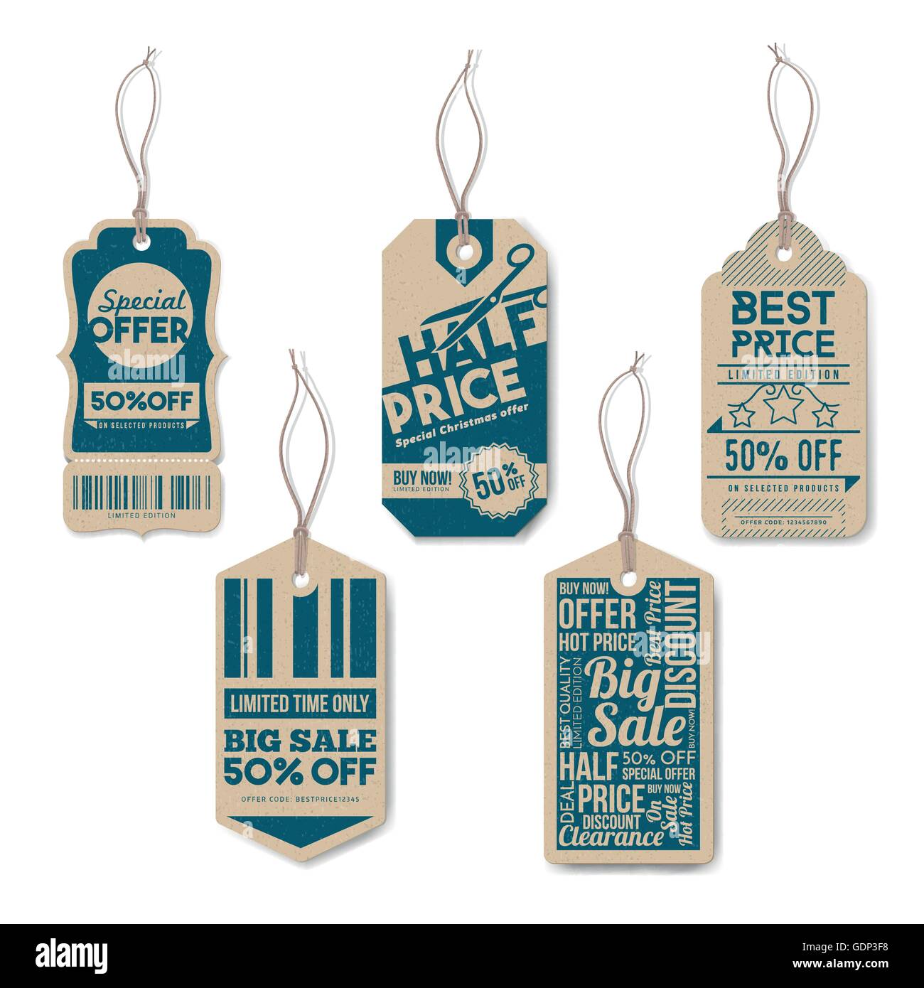 Vintage tags set with string, textured realistic paper, retail, sale and discount concept Stock Vector