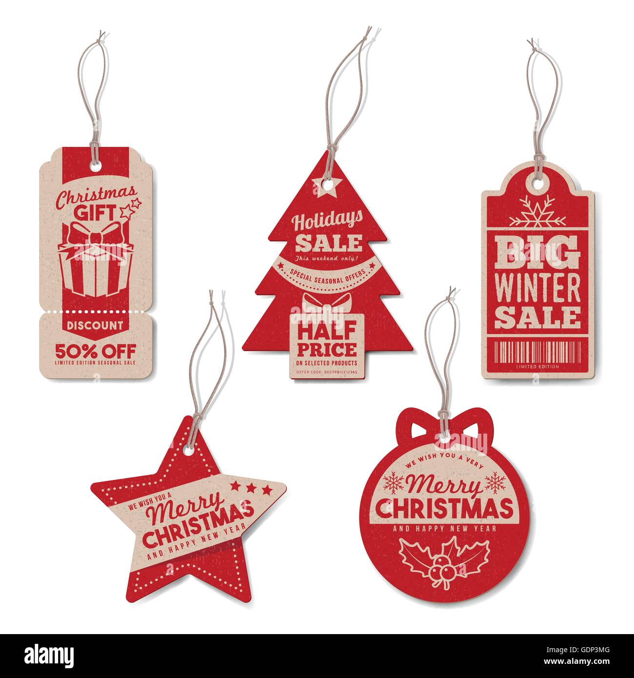Vintage Christmas and winter tags set with string, textured realistic paper, retail, sale and discount concept Stock Vector