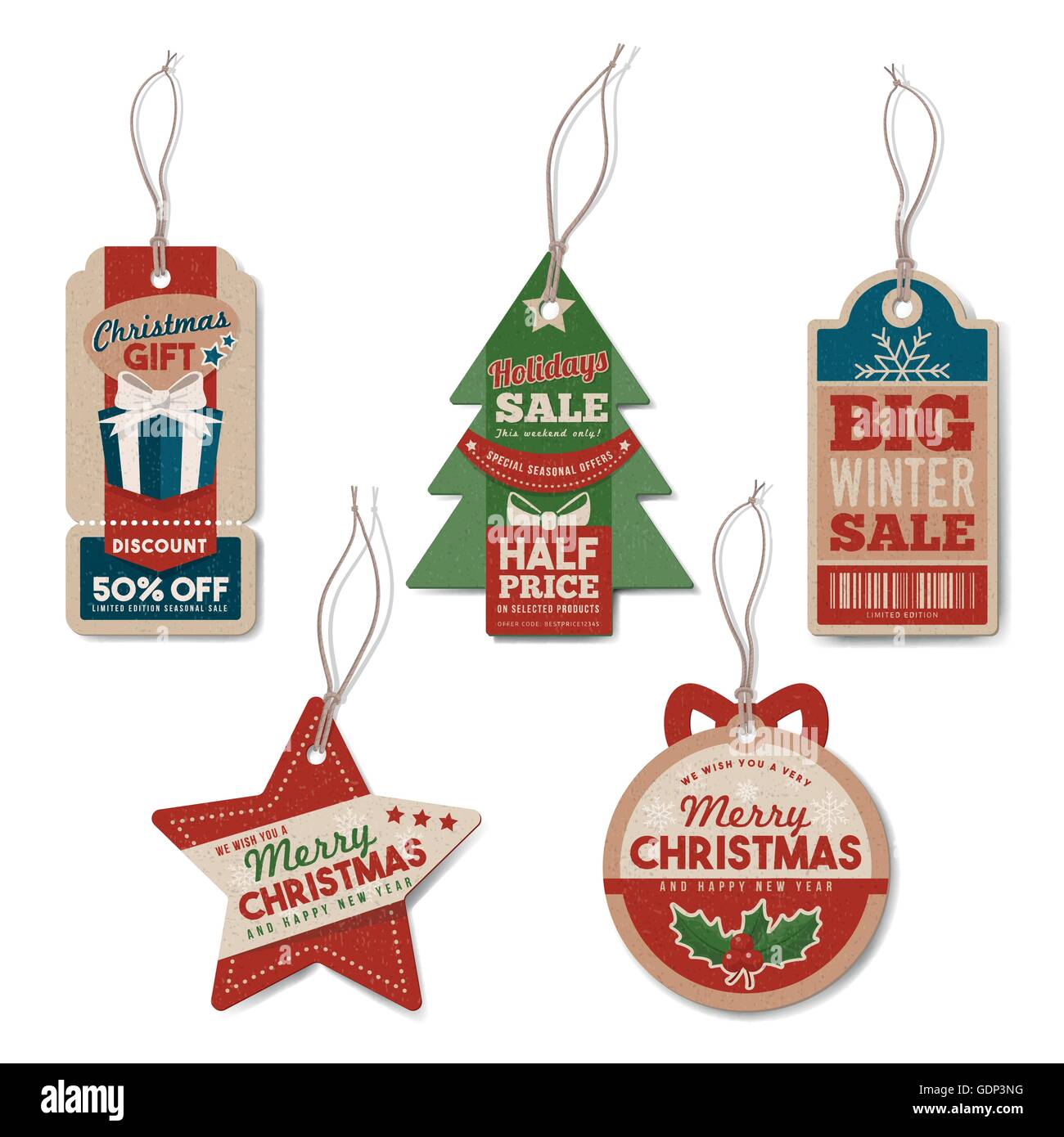 Vintage Christmas tags set with string, textured realistic paper, retail, sale and discount concept Stock Vector