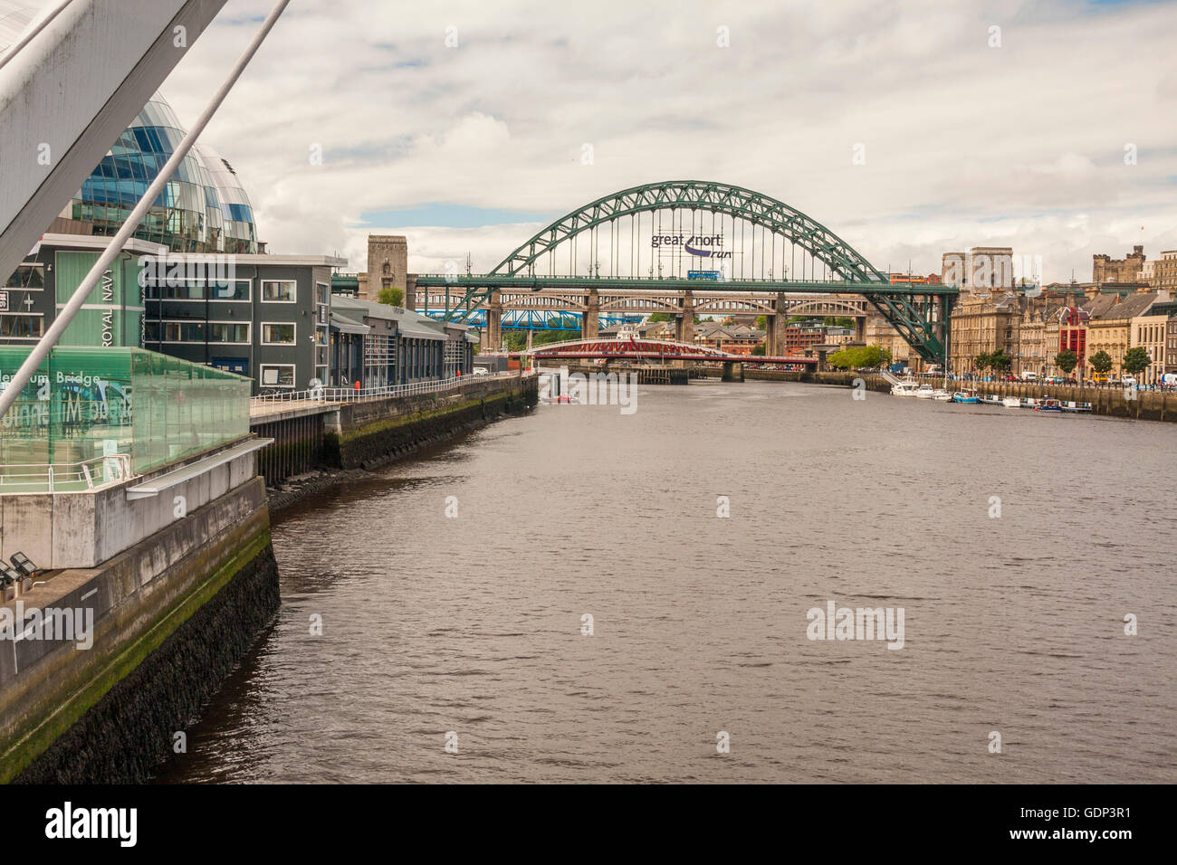 A view of the Quayside at Gateshead and Newcastle featuring the Sage and Tyne bridges Stock Photo