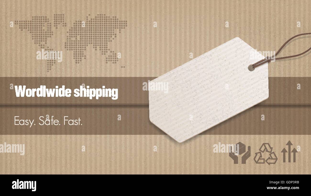 Worldwide shipping and sales banner with tag, carton box background and world map Stock Vector