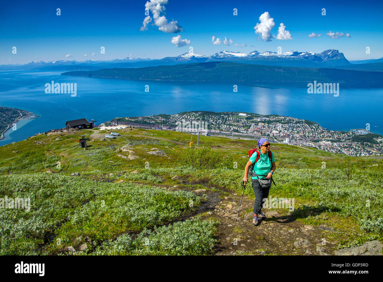 Solitary female walker above Ofotfjord, Narvik, Norway Stock Photo
