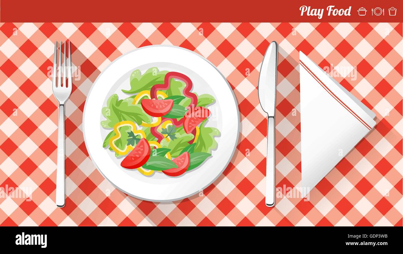 Healthy vegetarian food banner with salad dish, tablecloth and icons set Stock Vector