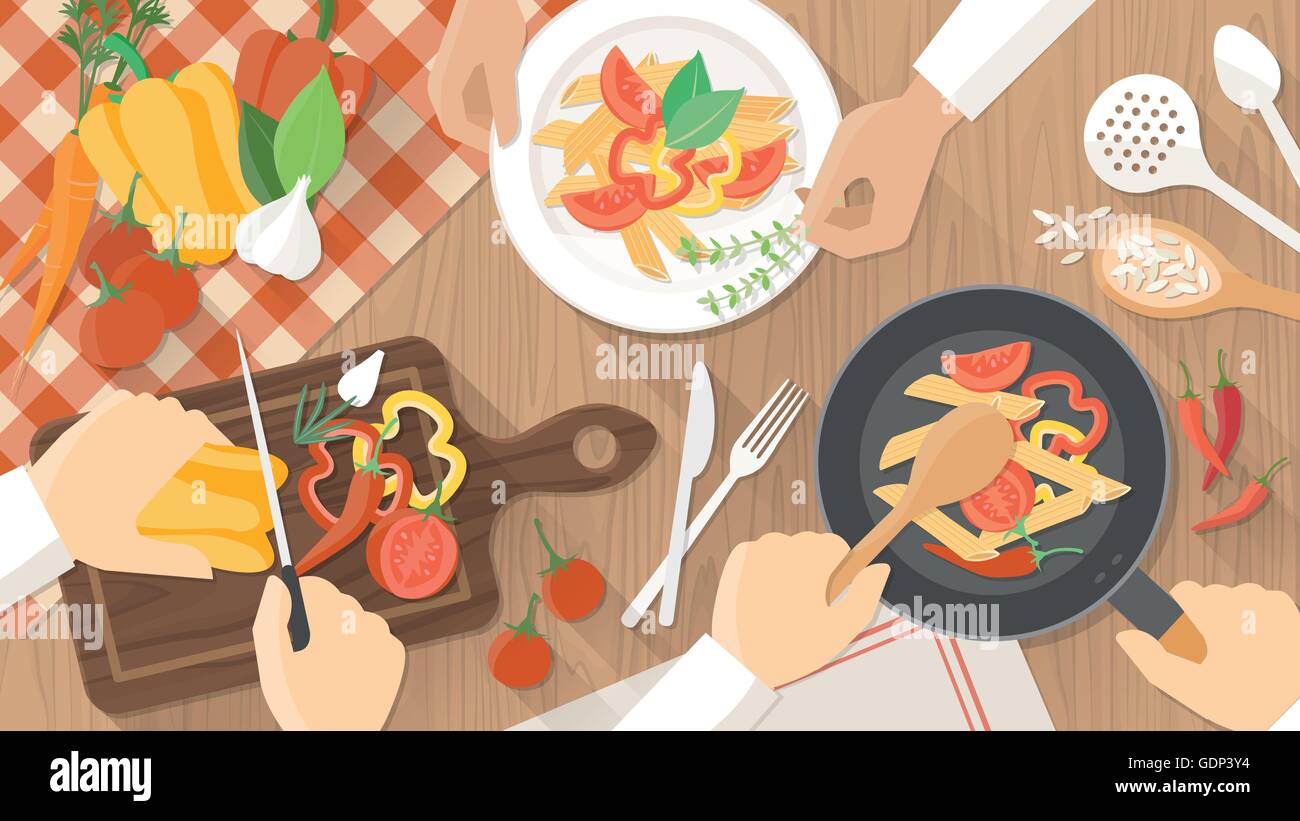 Team of chefs working together and cooking a vegetarian meal, hands at work close up Stock Vector