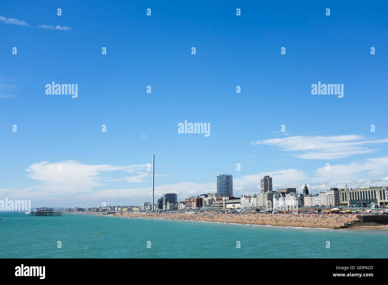 Looking west from Brighton's Palace Pier on the south coast of England. Stock Photo