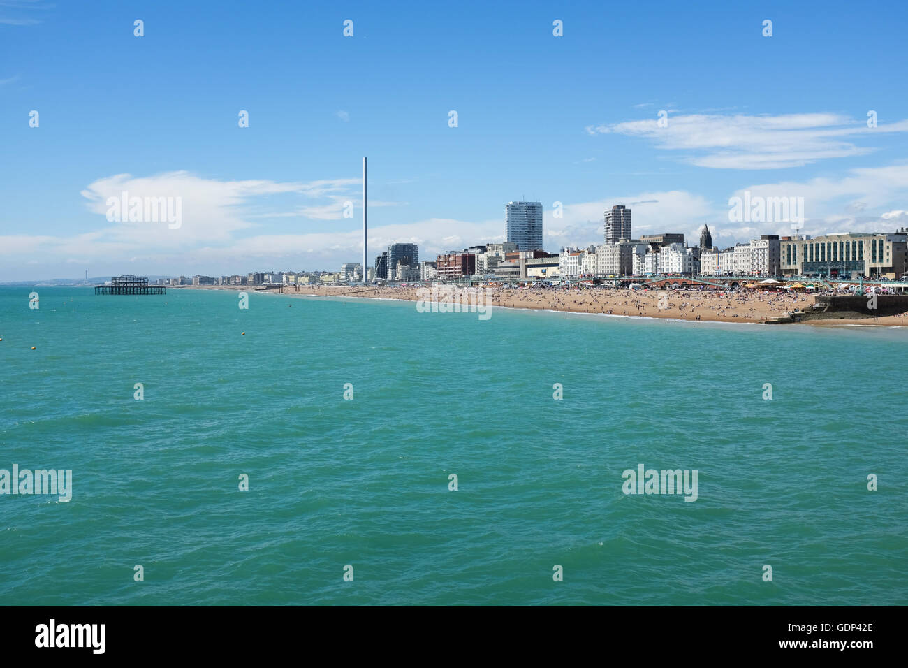 Looking west from Brighton's Palace Pier on the south coast of England. Stock Photo