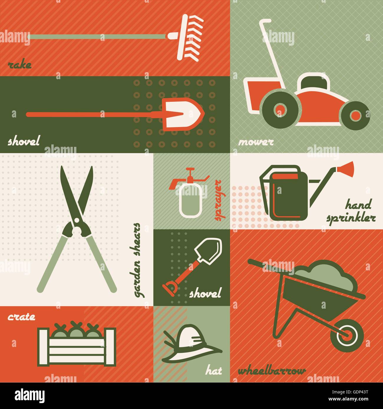 Colorful gardening and landscaping tools, vintage illustration Stock Vector