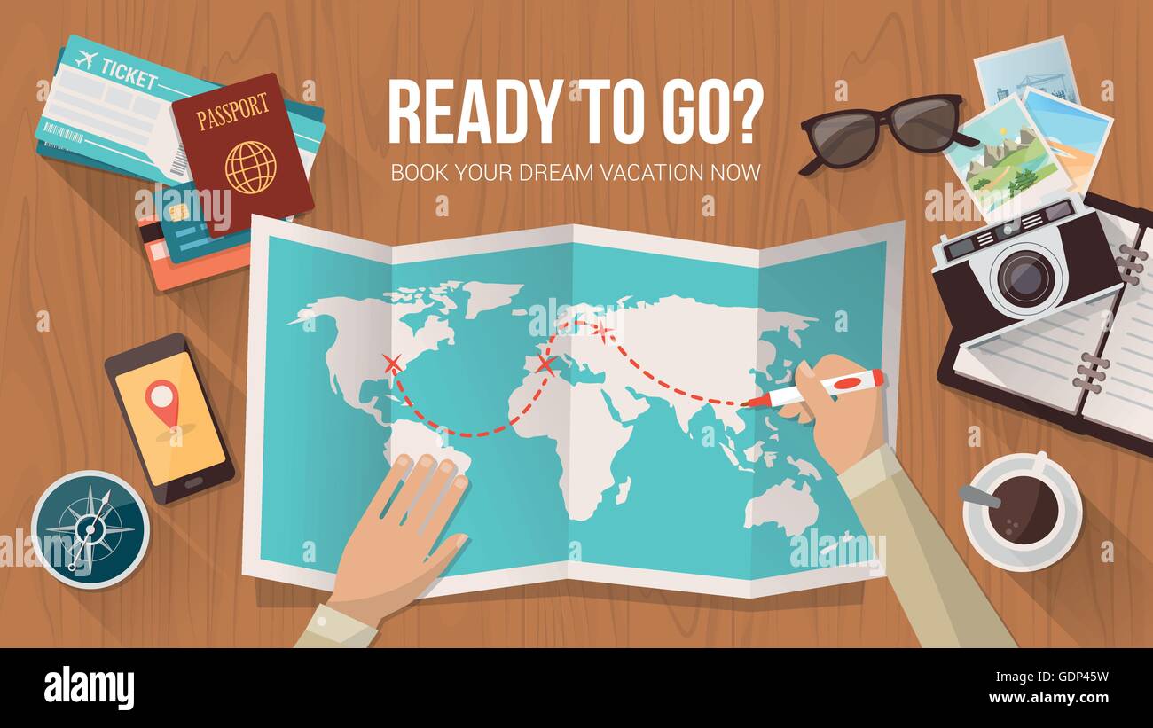 Explorer planning a trip around the world, he is tracing the route on the map, travel and adventure concept Stock Vector