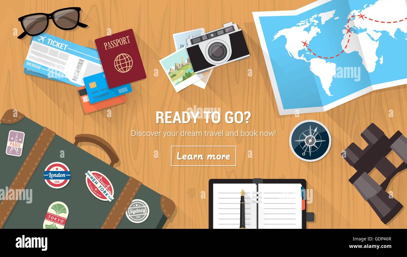 Traveler's desktop with suitcase, camera, plane ticket, passport, compass and binoculars, travel and vacations concept Stock Vector