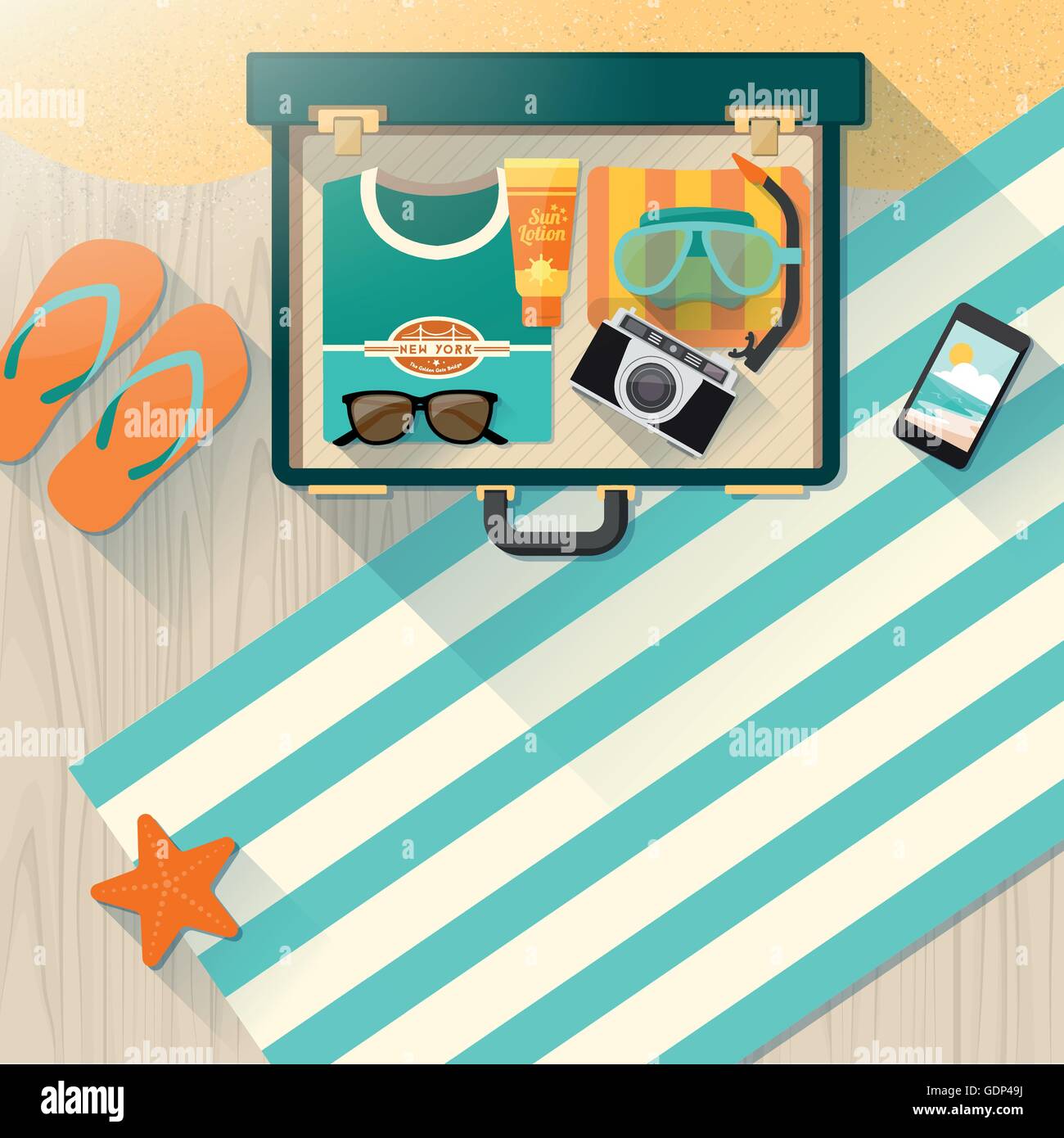 Summer holidays on the beach concept, open vintage suitcase with towel, scuba mask, camera, sunglasses and t-shirt on wooden flo Stock Vector