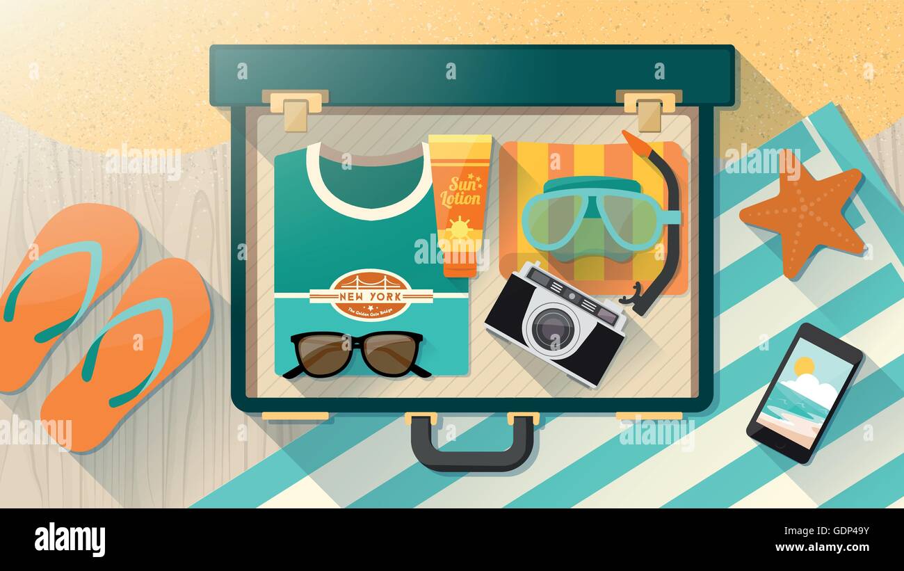 Summer holidays on the beach concept, open vintage suitcase with towel, scuba mask, camera, sunglasses and t-shirt on wooden flo Stock Vector